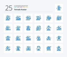 avatar féminin 25 pack d'icônes de couleur bleue comprenant une joueuse. jouer au football. écrivain. jeu extérieur. joueuse vecteur