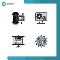 ensemble moderne de 4 pictogrammes de couleurs plates remplies d'anciens éléments de conception vectorielle modifiables de présentation de paramètres de générateur d'entreprise de rouleau de caméra vecteur