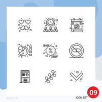 ensemble de 9 symboles d'icônes d'interface utilisateur modernes signes de réduction de promotion amour tarte du vendredi noir éléments de conception vectoriels modifiables vecteur