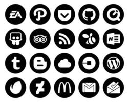 pack de 20 icônes de médias sociaux, y compris le mot de blogueur tripadvisor de voiture icloud vecteur