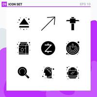 9 ensemble de glyphes solides universels pour les applications Web et mobiles bouton d'alimentation sur off pick cryptocurrency zcash éléments de conception vectoriels modifiables vecteur