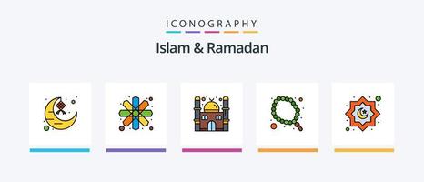 l'islam et la ligne du ramadan ont rempli le pack de 5 icônes, y compris l'islam. Soleil. islamique. la météo. augmenter. conception d'icônes créatives vecteur