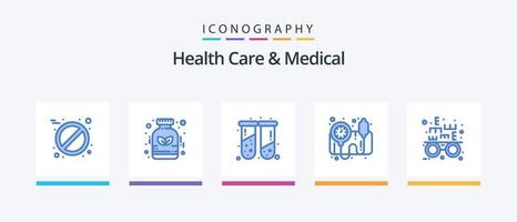 soins de santé et pack d'icônes bleu médical 5 comprenant. optométriste. santé. examen de la vue. jauge de pb. conception d'icônes créatives vecteur