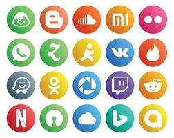 pack de 20 icônes de médias sociaux comprenant netflix twitch zootool picasa waze vecteur