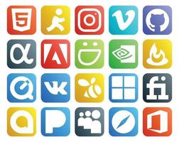 pack de 20 icônes de médias sociaux, y compris pandora fiverr smugmug microsoft vk vecteur