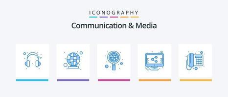 pack d'icônes bleues de communication et de médias 5, y compris le téléphone. domicile. global. la communication. écran. conception d'icônes créatives vecteur