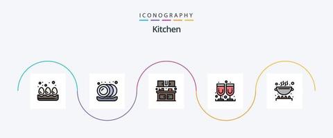ligne de cuisine rempli plat 5 pack d'icônes comprenant. cuisine. nourriture. cuisine. verre de jus vecteur