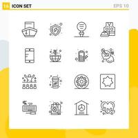 interface mobile aperçu ensemble de 16 pictogrammes de main-d'œuvre veste bouclier recherche expérience éléments de conception vectoriels modifiables vecteur