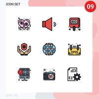 interface mobile fillline plat couleur ensemble de 9 pictogrammes d'étiquette de médecine de vente aux enchères de bouclier de terre éléments de conception vectoriels modifiables vecteur
