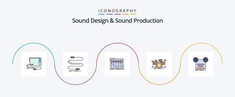 conception sonore et ligne de production sonore remplies d'un pack plat de 5 icônes, y compris l'instrument. tambouriner. du son. studio. mixer vecteur