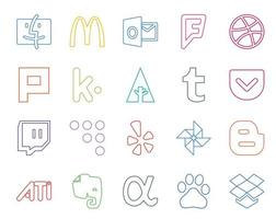 20 pack d'icônes de médias sociaux, y compris app net ati tumblr blogger yelp vecteur