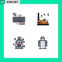 groupe de 4 signes et symboles de couleurs plates remplies pour les éléments de conception vectoriels modifiables de savon de voyage de réparation liquide clé vecteur