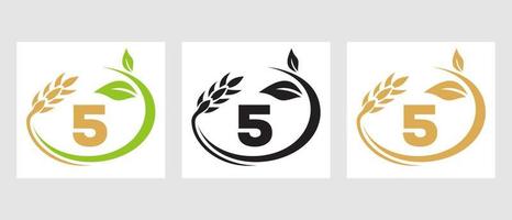 lettre 5 logo agricole. agroalimentaire, modèle de conception de ferme écologique vecteur