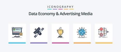 économie de données et ligne de médias publicitaires remplis de 5 icônes, y compris la publicité. la télé. commercialisation. la structure. la grille. conception d'icônes créatives vecteur