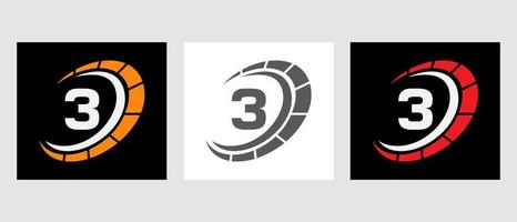 logo automobile de voiture lettre 3 pour le service de voitures, réparation de voitures avec symbole de compteur de vitesse vecteur