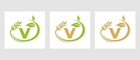 lettre v logo agricole. agroalimentaire, modèle de conception de ferme écologique vecteur