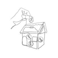 dessin au trait continu mettre de l'argent sur l'illustration de la tirelire de la maison vecteur