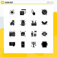 interface mobile glyphe solide ensemble de 16 pictogrammes d'assurance utilisateur doigt cocher éléments de conception vectoriels modifiables vecteur