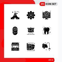 pack de 9 glyphes solides créatifs de présentation du tableau panier garçon match éléments de conception vectoriels modifiables vecteur