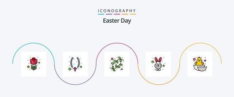 pack d'icônes plat 5 rempli de ligne de pâques, y compris le poulet. Visage. bourgeons. lapin. animal vecteur