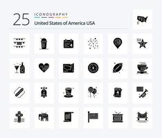 pack d'icônes de glyphes solides usa 25, y compris la carte. américain. journée. Etats-Unis. Feu vecteur