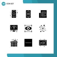 interface mobile glyphe solide ensemble de 9 pictogrammes d'éléments de conception vectoriels modifiables par ordinateur de créativité de bureau de conception d'oeil vecteur