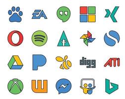 pack de 20 icônes de médias sociaux, y compris xbox digg spotify essaim google drive vecteur