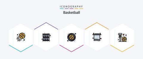 pack d'icônes de basket-ball 25 fillline comprenant un filet de basket-ball. corbeille. basketball. Pause. intérieur vecteur
