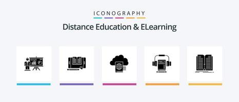 pack d'icônes glyphe 5 pour l'enseignement à distance et l'apprentissage en ligne, y compris le livre. l'audio. tablette. musique. dossier. conception d'icônes créatives vecteur