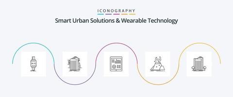 solutions urbaines intelligentes et pack d'icônes de la ligne 5 de la technologie portable, y compris l'éruption. rapport patient. ville intelligente. impulsion. santé vecteur