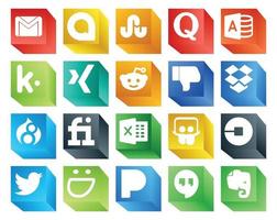 pack de 20 icônes de médias sociaux, y compris uber excel kik fiverr dropbox vecteur