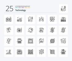 pack d'icônes de technologie 25 lignes, y compris le wifi. lecteur MP. lien. appareil. Jeu vecteur