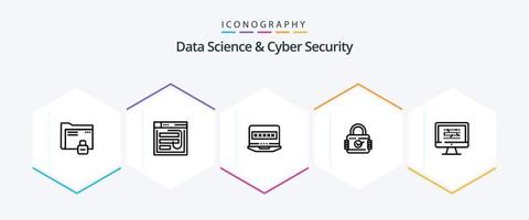 Pack d'icônes de 25 lignes pour la science des données et la cybersécurité, y compris le cadenas. Sécurité. le mot de passe. louez. ordinateur portable vecteur