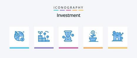 pack d'icônes d'investissement bleu 5, y compris immobilier. de l'argent. un verre. investissement. gains. conception d'icônes créatives vecteur