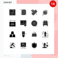 interface mobile glyphe solide ensemble de 16 pictogrammes d'informations sportives information médecine cible éléments de conception vectoriels modifiables vecteur