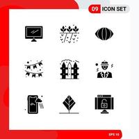 pack de 9 glyphes solides créatifs d'éléments de conception vectoriels modifiables de célébration d'ornement de ferme de clôture vecteur