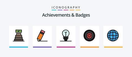 réalisations et ligne de badges remplies de 5 packs d'icônes, y compris la réalisation. prix. insignes. prix. finance. conception d'icônes créatives vecteur