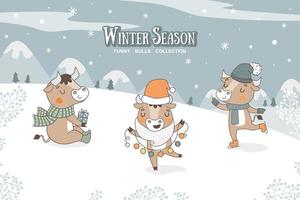 collection de taureaux de dessin animé mignon. autocollants de personnages de saison d'hiver. vecteur