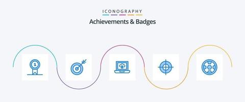 réalisations et badges pack d'icônes bleu 5 comprenant une couronne. prix. ordinateur portable. réalisation. point vecteur