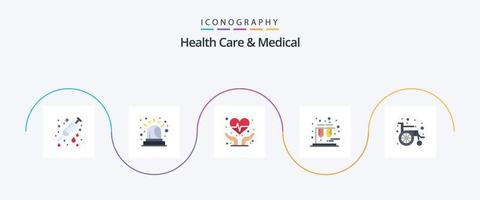 soins de santé et pack d'icônes plat médical 5, y compris. chaise roulante. soins cardiaques. la roue. tuyaux vecteur