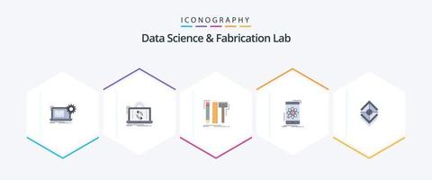 pack d'icônes plates de 25 laboratoires de science des données et de fabrication, y compris mobile. Les données. rapports. crayon. numérique vecteur