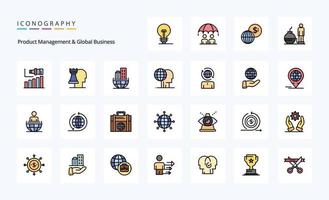 25 pack d'icônes de style rempli de gestion de produits et de lignes commerciales mondiales vecteur