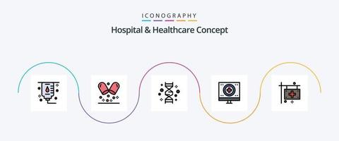 ligne de concept d'hôpital et de soins de santé remplie de 5 icônes à plat, y compris l'hôpital. drapeau. charité. clinique. surveiller vecteur