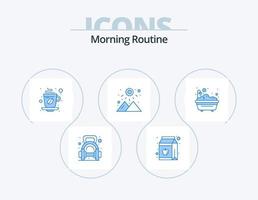 pack d'icônes bleues de routine du matin 5 conception d'icônes. Montagne. coucher de soleil. bouteille. lever du soleil. café vecteur