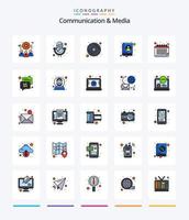 communication créative et média pack d'icônes rempli de 25 lignes tel qu'un événement. calendrier. CD. prendre contact. adresse vecteur