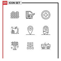 contour de l'interface mobile ensemble de 9 pictogrammes d'éléments de conception vectoriels modifiables de bien-être de curriculum vitae alimentaire plus apple vecteur