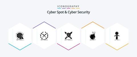 cyber spot et pack d'icônes de 25 glyphes de cybersécurité, y compris le danger. bombe. étiquette. épées. Jeu vecteur