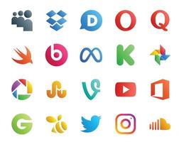 pack de 20 icônes de médias sociaux, y compris office youtube meta vine picasa vecteur
