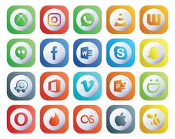 pack de 20 icônes de médias sociaux, y compris powerpoint vimeo facebook office snapchat vecteur