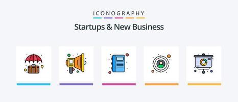 startups et nouvelle ligne d'activité remplies de 5 packs d'icônes, y compris une fusée. réunion en ligne. but. vidéo. discuter. conception d'icônes créatives vecteur